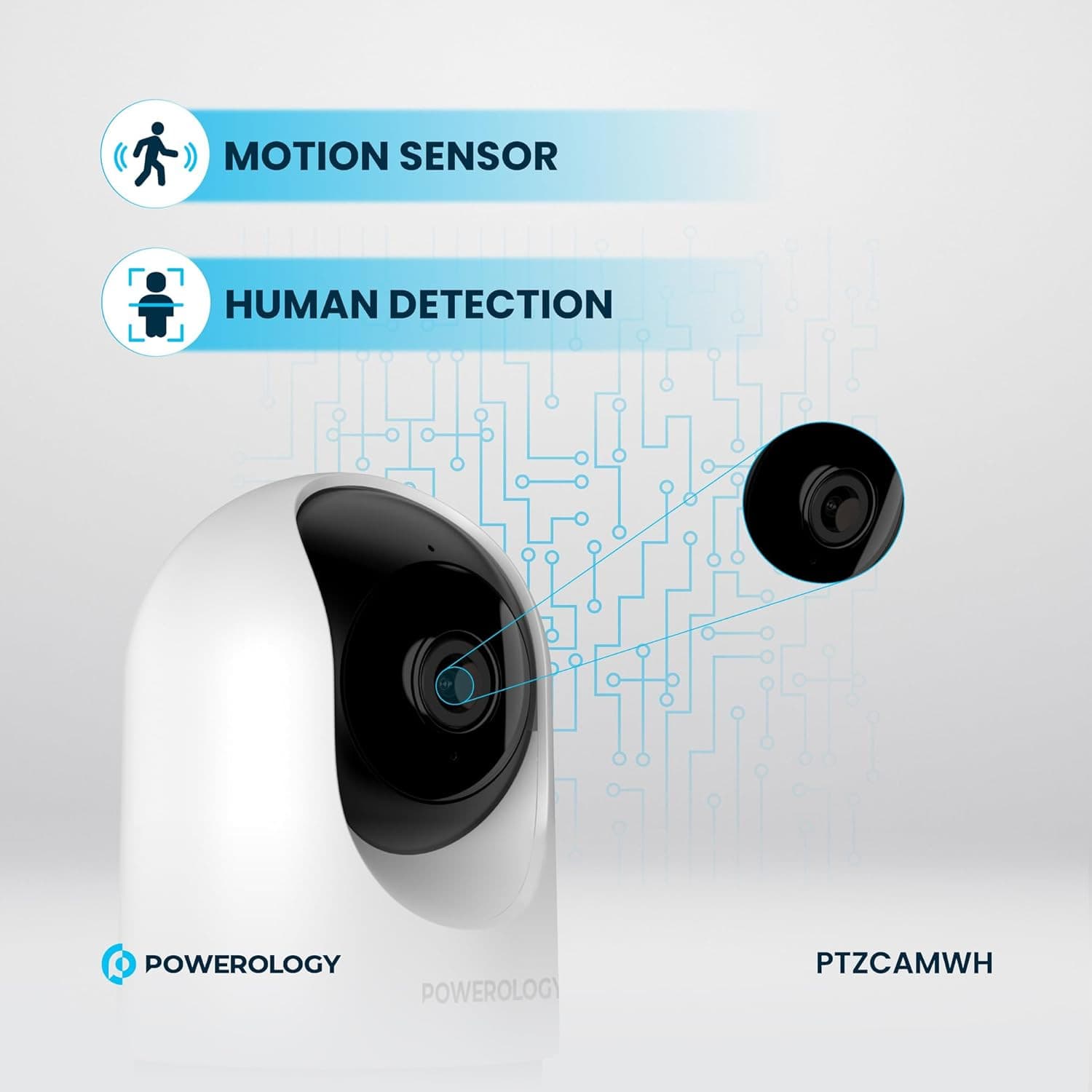 Powerology FHD Indoor PTZ Camera 3MP - Built-In Microphone & Speaker, Night Visi